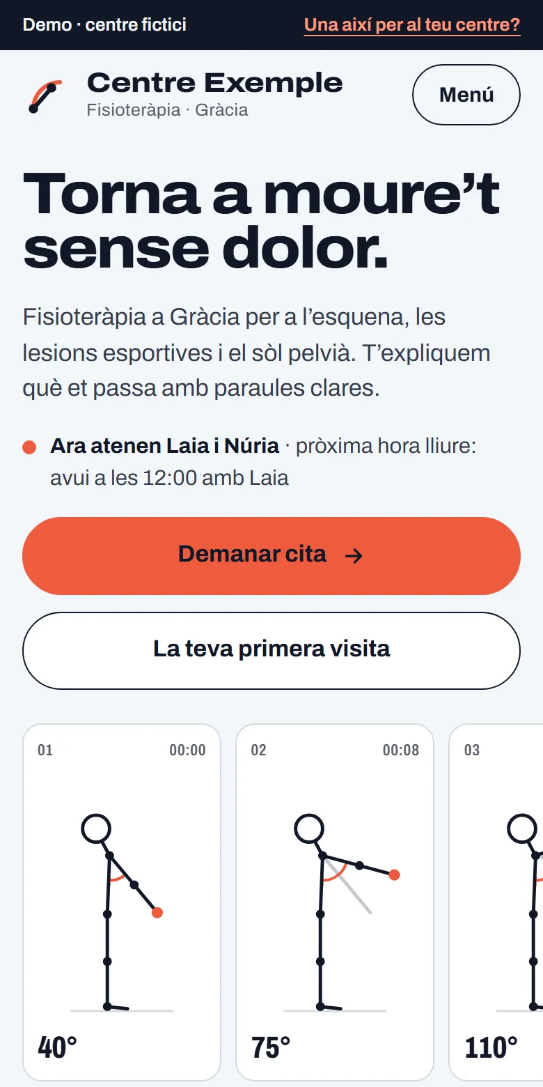 La demo de la clínica en un mòbil: qui atén ara, el botó per demanar cita i un moviment d’espatlla