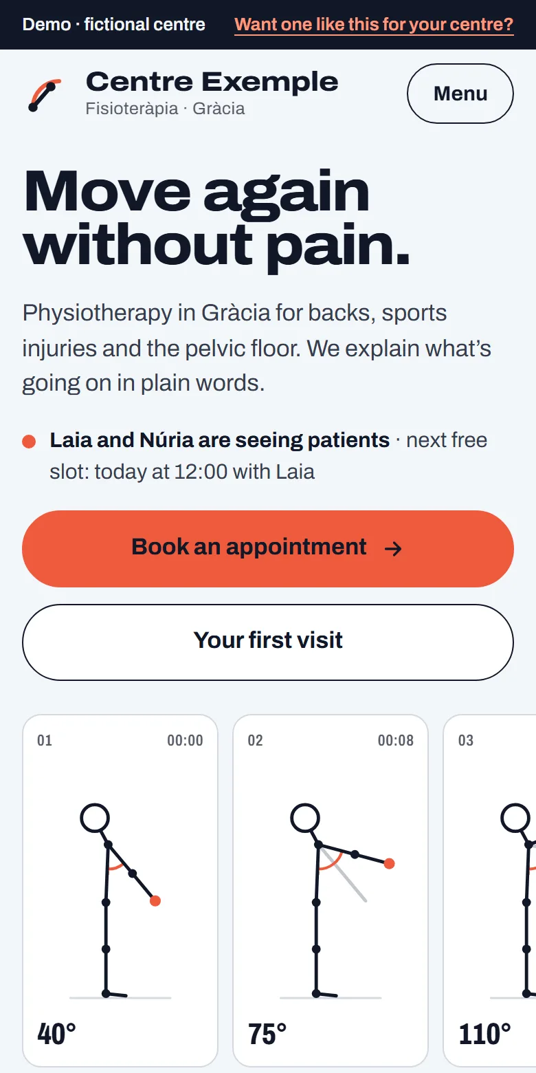 The clinic demo on a phone: who’s seeing patients now, the booking button and a shoulder movement