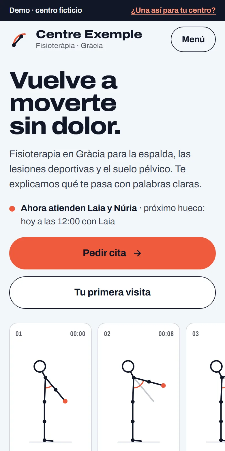La demo de la clínica en un móvil: quién atiende ahora, el botón de pedir cita y un movimiento de hombro