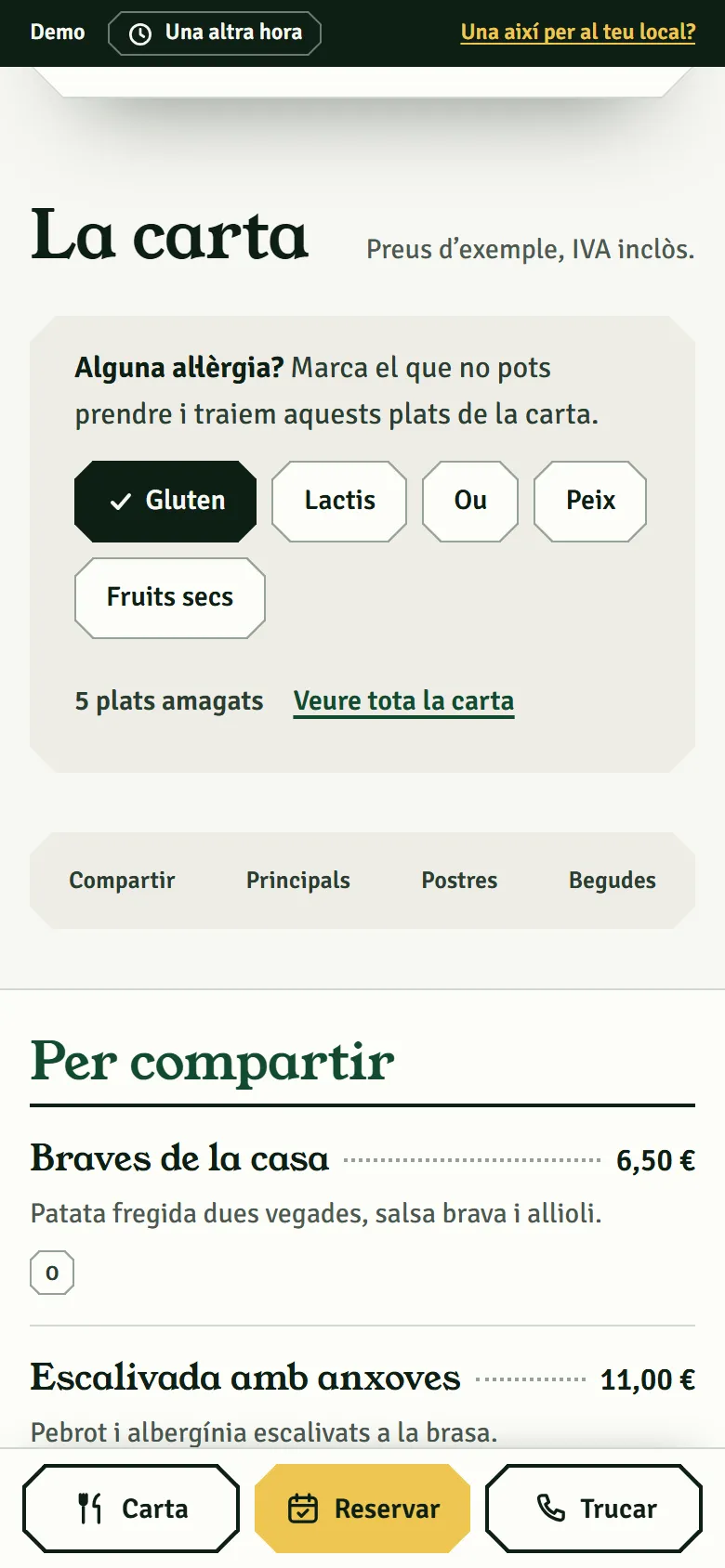 La carta de la demo amb el gluten marcat al filtre d’al·lèrgens: els plats que en porten desapareixen