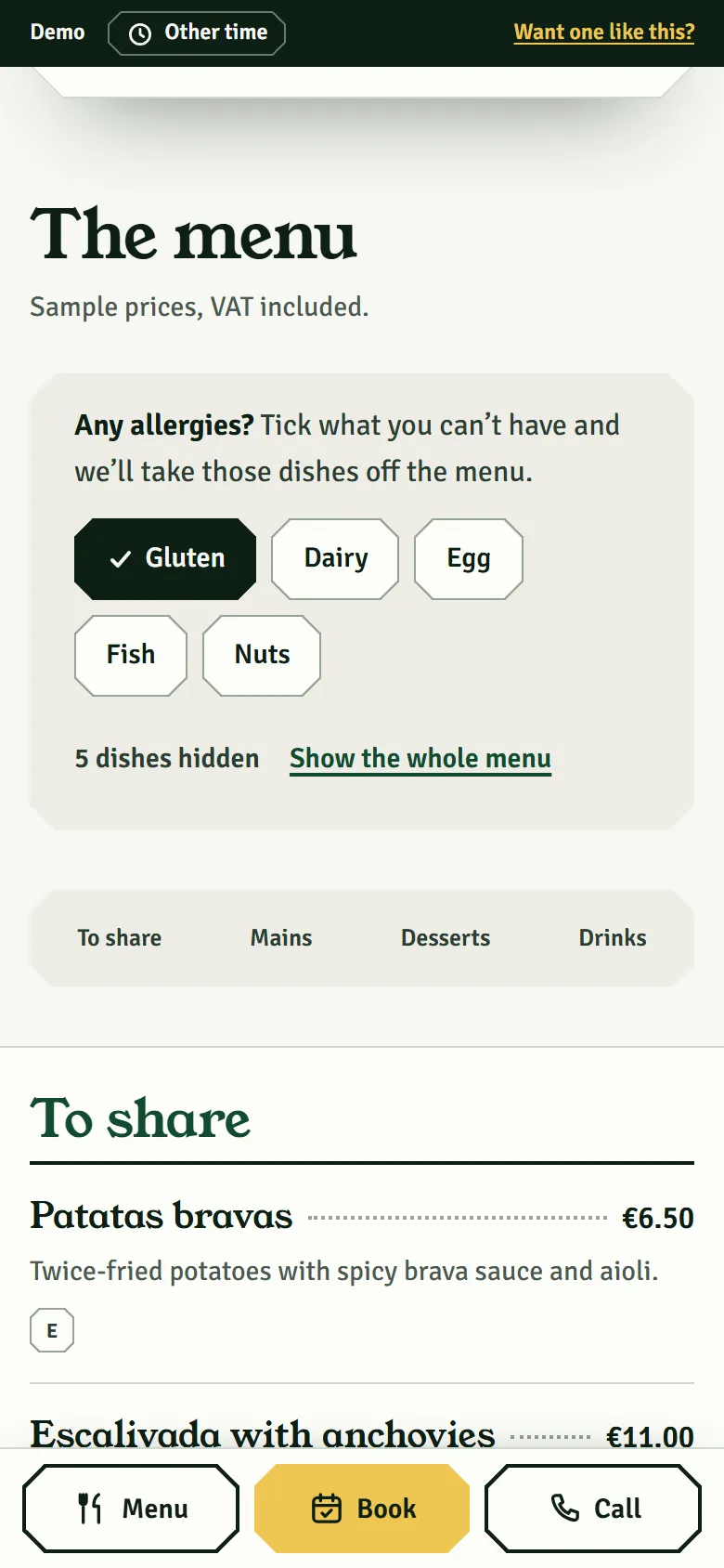 The demo’s menu with gluten ticked in the allergen filter: the dishes that contain it disappear