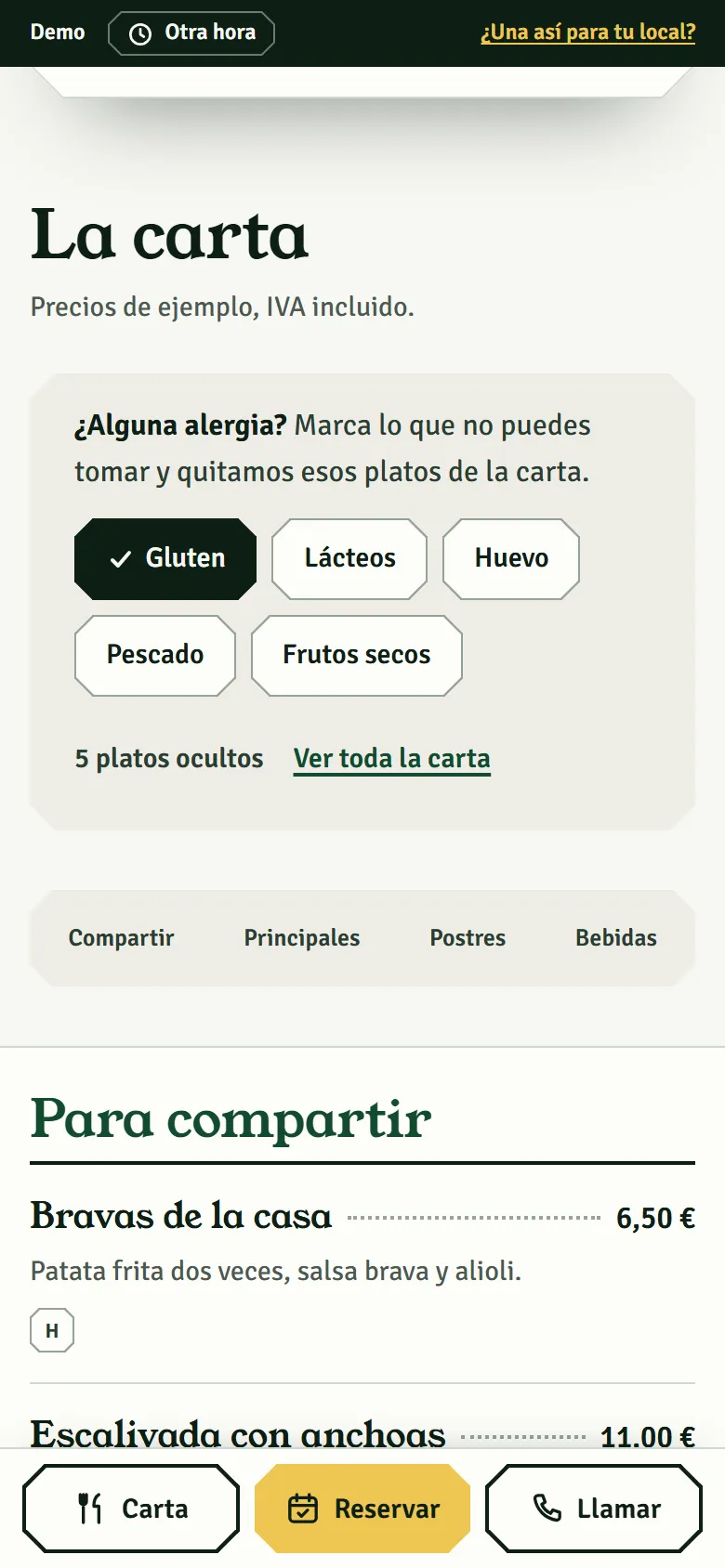 La carta de la demo con el gluten marcado en el filtro de alérgenos: los platos que lo llevan desaparecen