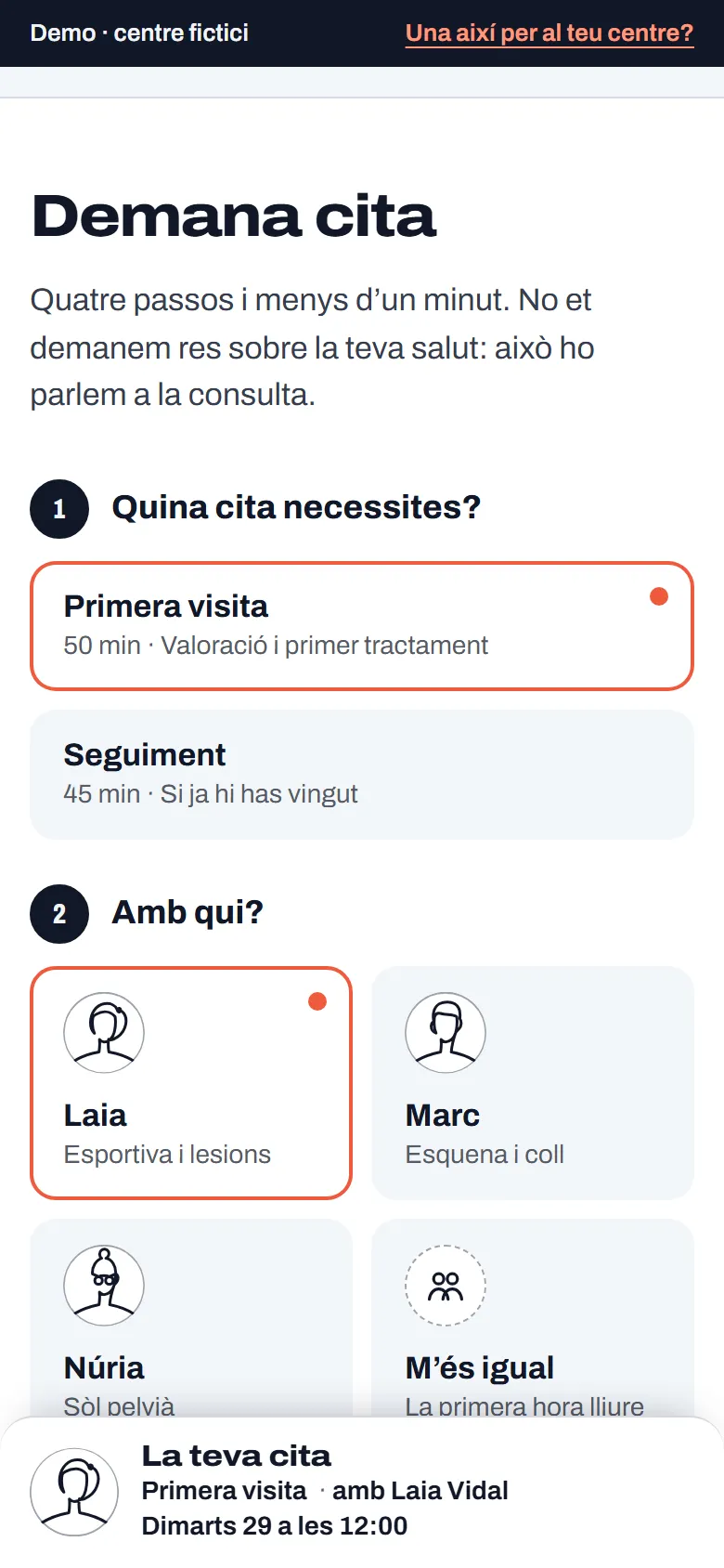 La cita guiada de la demo de clínica amb la primera visita i la Laia triades, i a baix la cita que es va formant amb el seu retrat