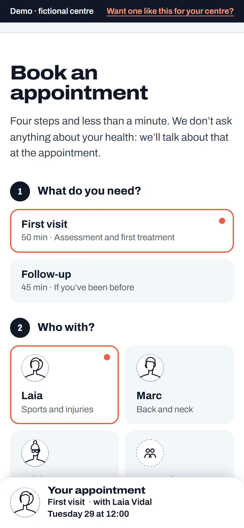 The guided booking in the clinic demo with first visit and Laia selected, and below it the booking taking shape with the portrait