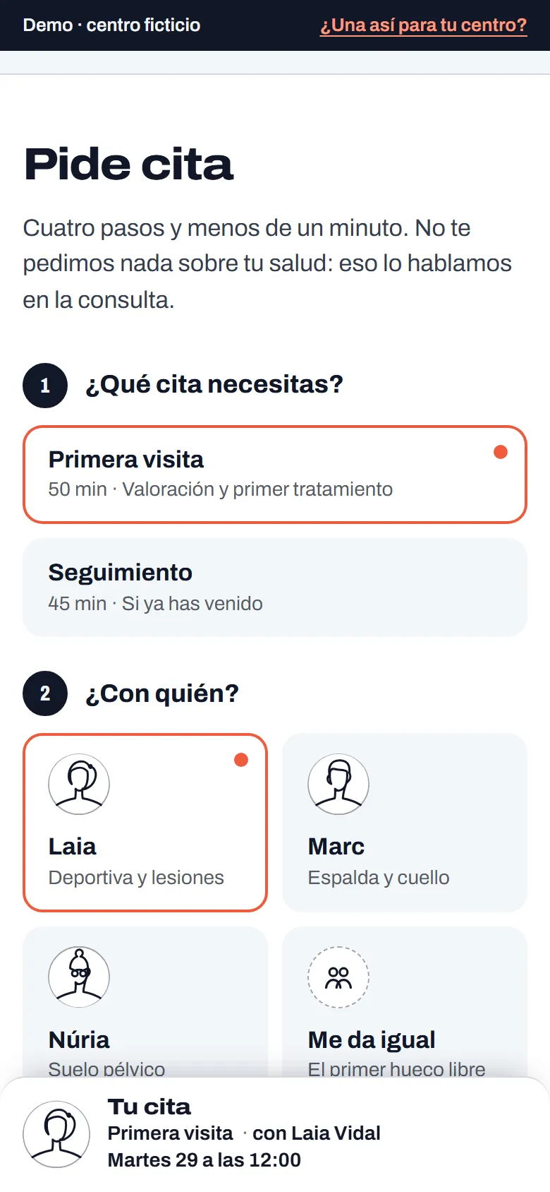 La cita guiada de la demo de clínica con primera visita y Laia elegidas, y abajo la cita que se va formando con su retrato