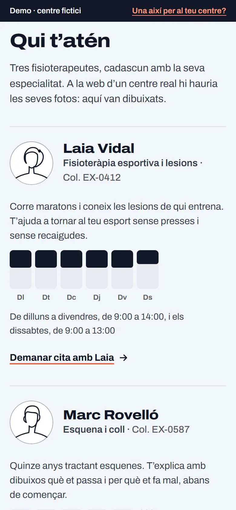 L’equip de la demo de clínica: el retrat dibuixat de la Laia Vidal, la seva especialitat, el número de col·legiada i la seva setmana en petit