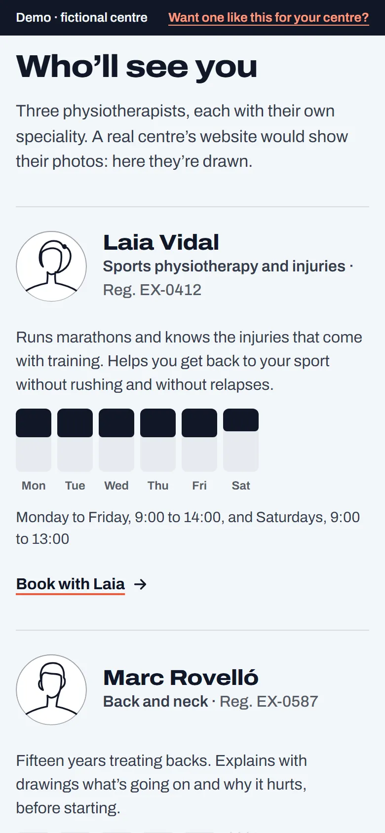 The team in the clinic demo: the drawn portrait of Laia Vidal with speciality, registration number and week at a glance