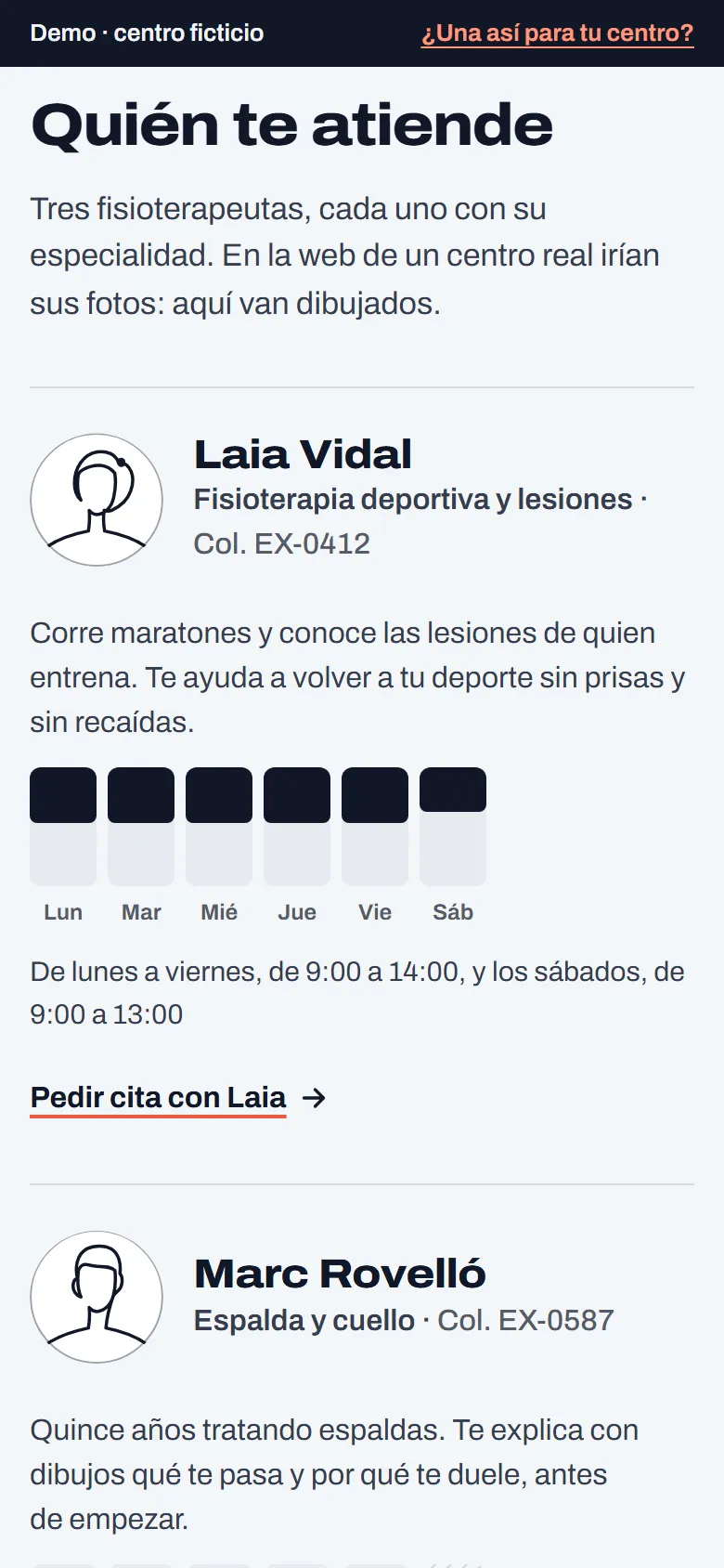 El equipo de la demo de clínica: el retrato dibujado de Laia Vidal, su especialidad, su número de colegiada y su semana en pequeño