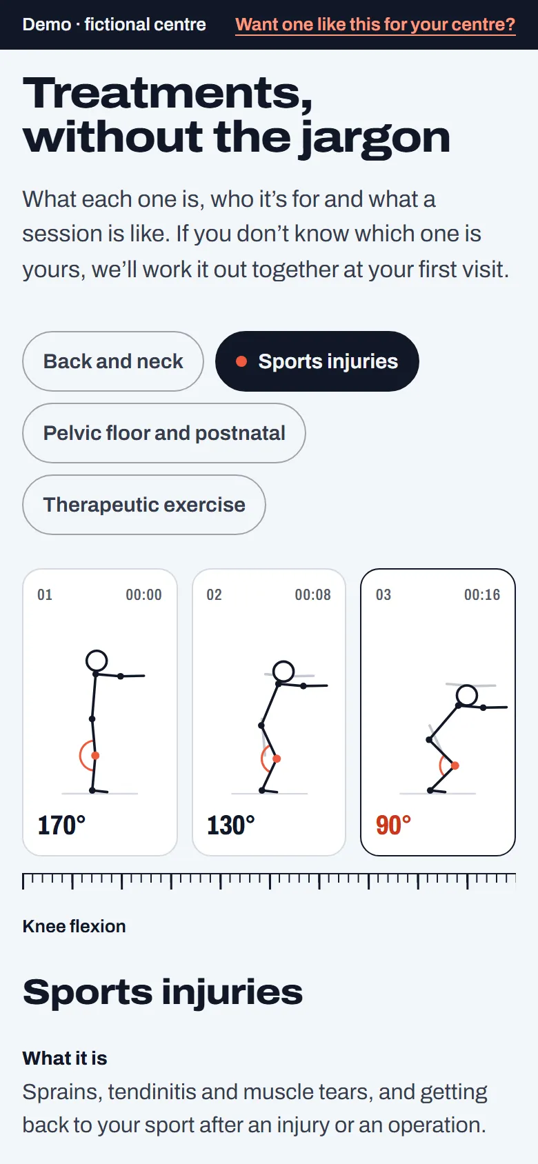 The treatments in the clinic demo with “Sports injuries” selected: three frames of a squat with the knee angle measured