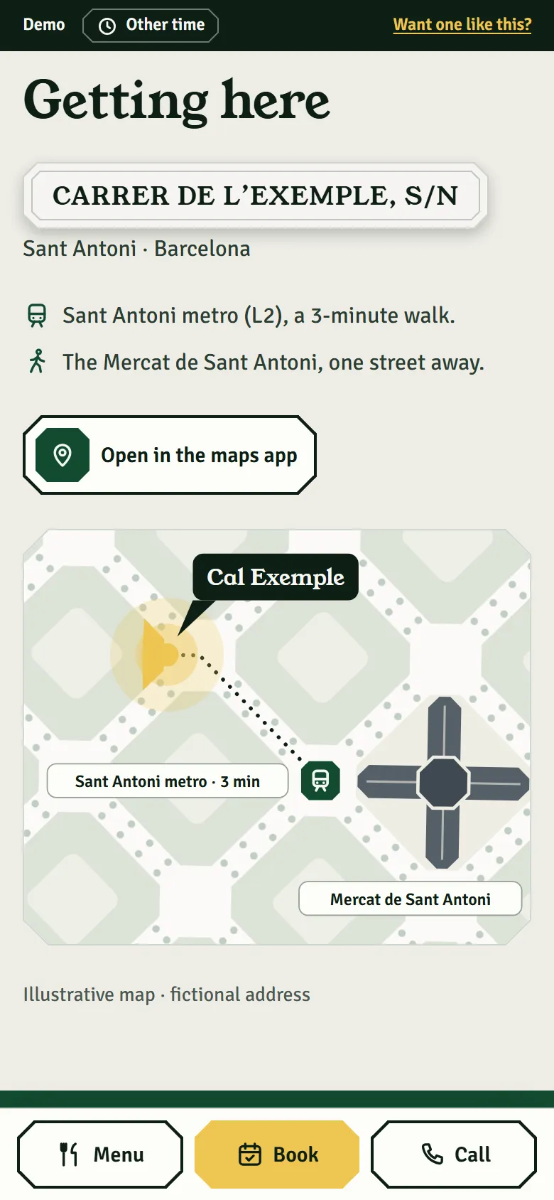 Getting to the demo restaurant: the address on its plaque, the metro and the map with the route