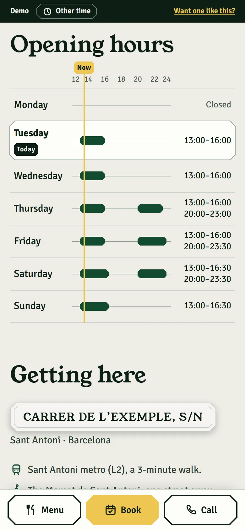 The demo’s opening hours as bars, with today and the current time marked