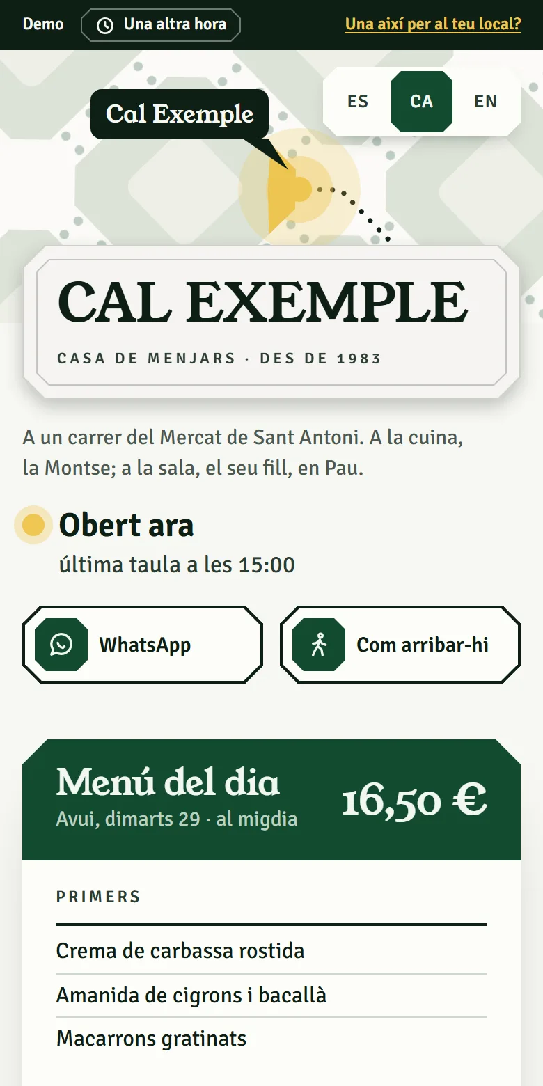 La demo del restaurant en un mòbil: el nom a la seva placa, si és obert, com arribar-hi i el menú del dia