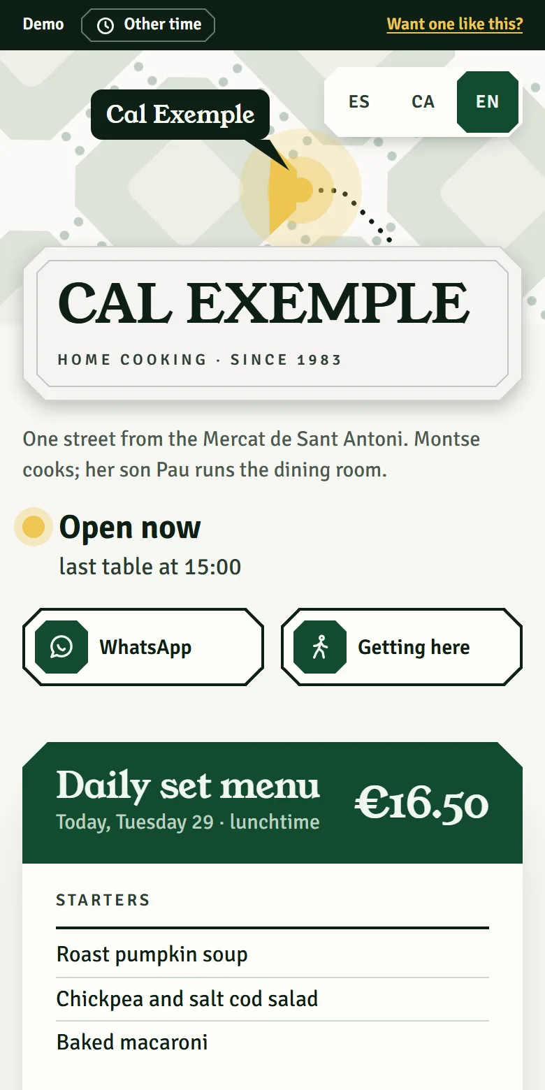 The restaurant demo on a phone: the name on its sign, whether it’s open, how to get there and the daily set menu