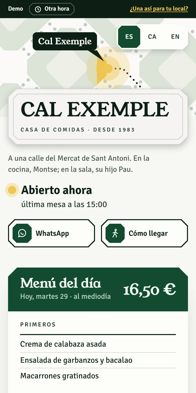 La demo del restaurante en un móvil: el nombre en su placa, si está abierto, cómo llegar y el menú del día
