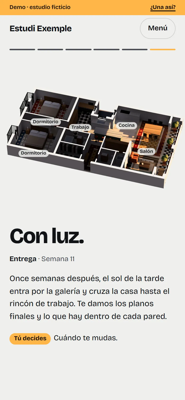 La entrega en la demo: el piso terminado y amueblado, de día, con el nombre de las piezas nuevas