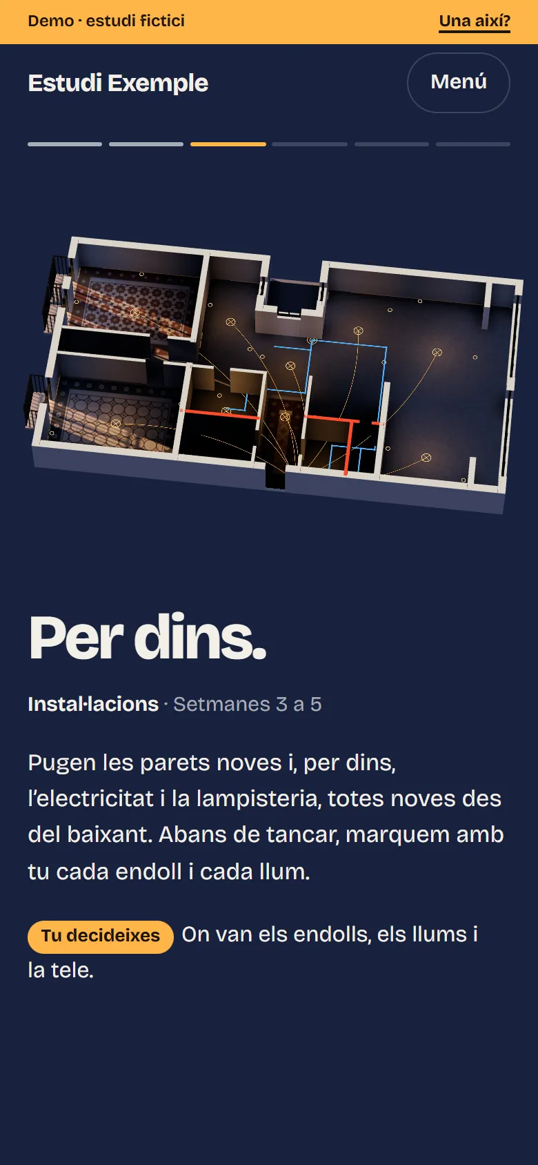 La fase de les instal·lacions a la demo: les parets noves en vermell, les canonades en blau i els cables fins a cada punt de llum; a sota, «Tu decideixes: on van els endolls, els llums i la tele»
