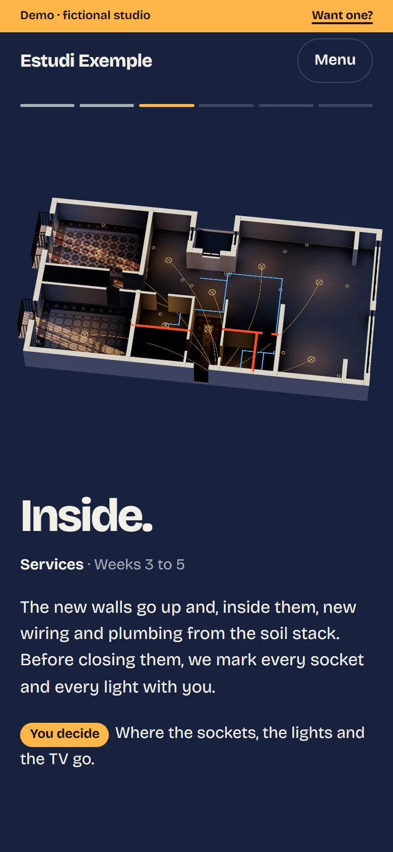 The services stage in the demo: the new walls in red, the pipes in blue and the cables to each light point; below, “You decide: where the sockets, the lights and the TV go”