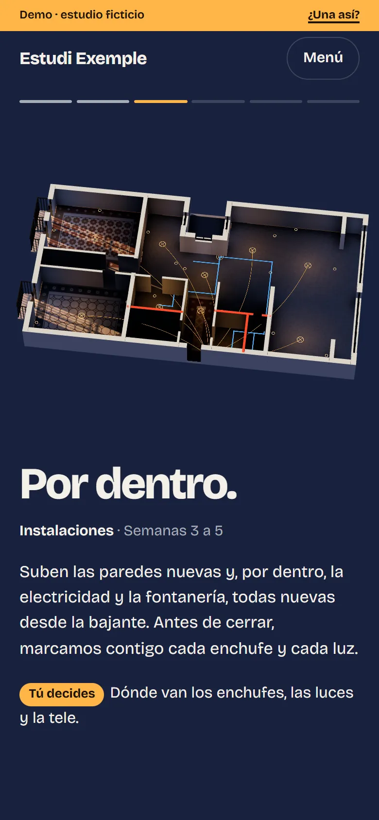 La fase de las instalaciones en la demo: las paredes nuevas en rojo, las tuberías en azul y los cables hasta cada punto de luz; debajo, «Tú decides: dónde van los enchufes, las luces y la tele»