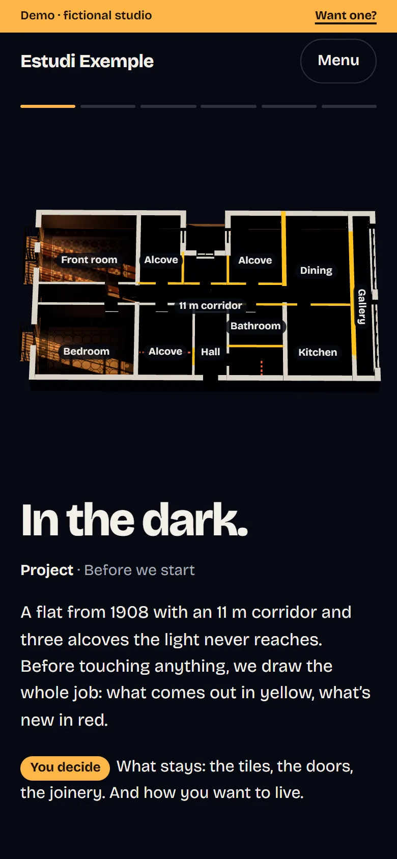 The interior design demo at the project stage: the flat at night from above, with each room named, the partitions to be knocked down in yellow and the new walls in dashed red