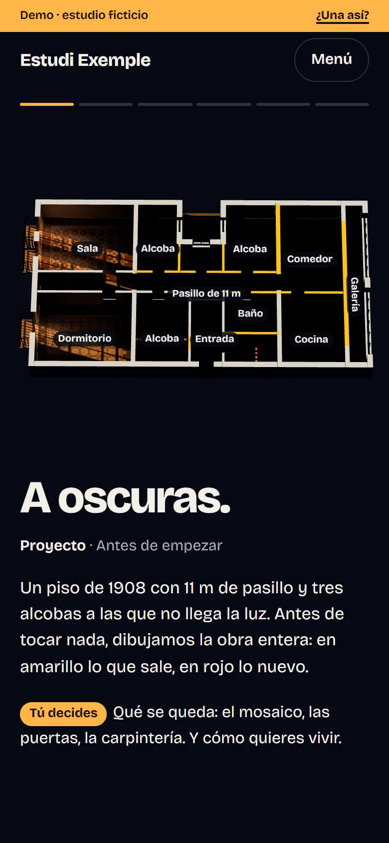 La demo de interiorismo en la fase del proyecto: el piso de noche visto desde arriba, con el nombre de cada pieza, en amarillo los tabiques que se derriban y a trazos rojos las paredes nuevas