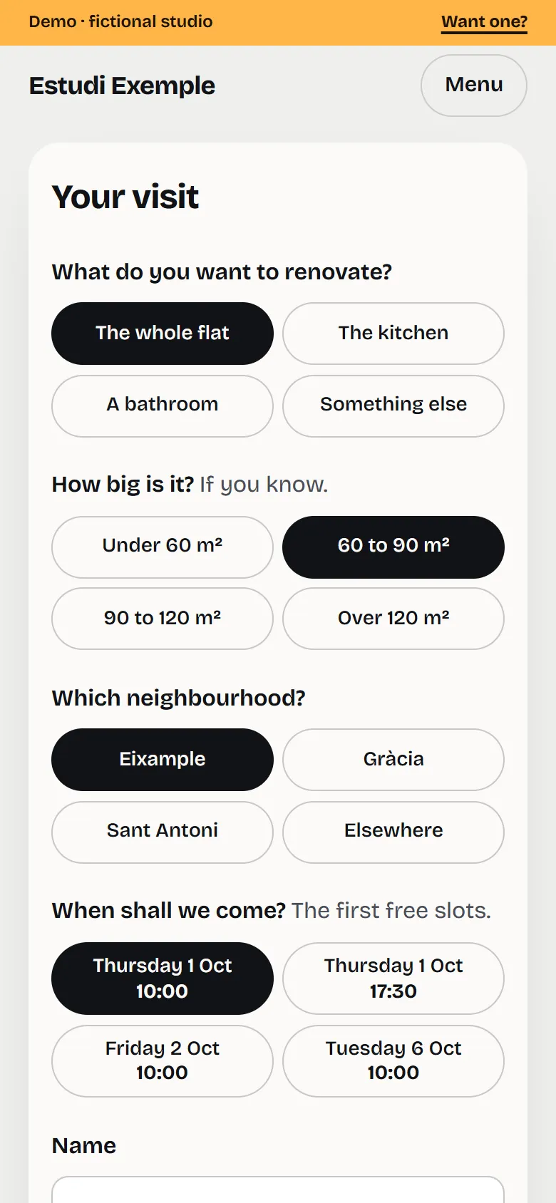 Booking a visit in the demo: the whole flat, 60 to 90 m² and the Eixample chosen, and the first free slots