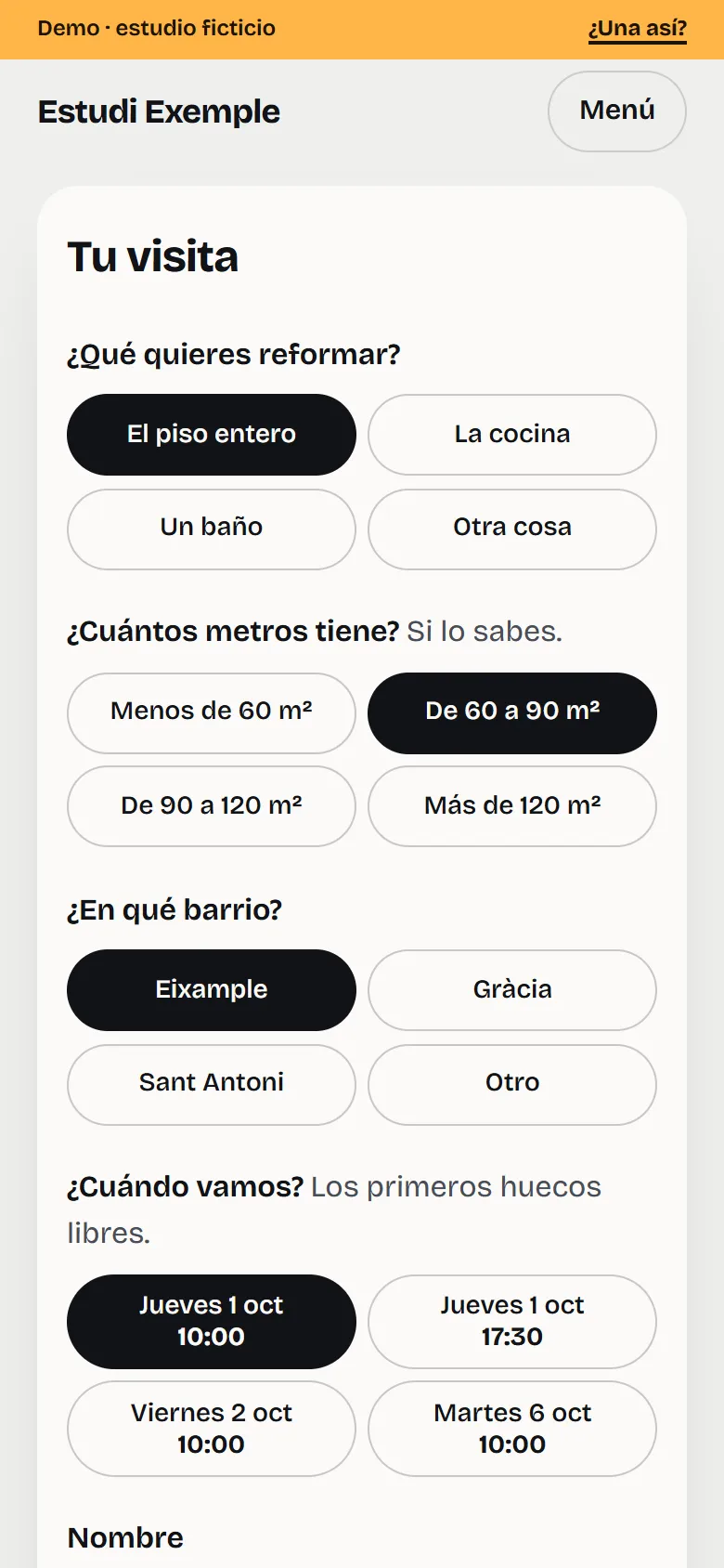Pedir visita en la demo: el piso entero, de 60 a 90 m² y el Eixample elegidos, y los primeros huecos libres