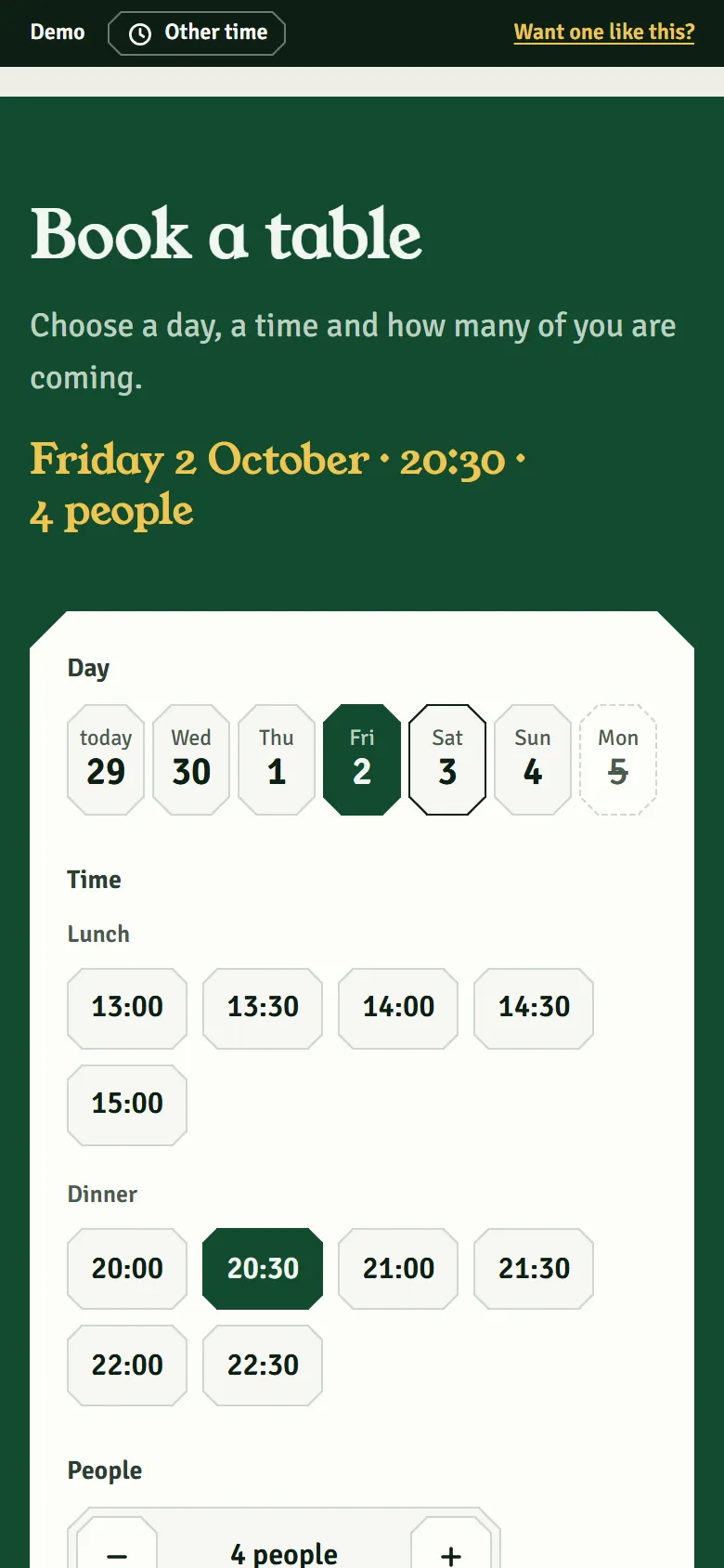 The demo’s sample booking with the day, time and number of guests chosen