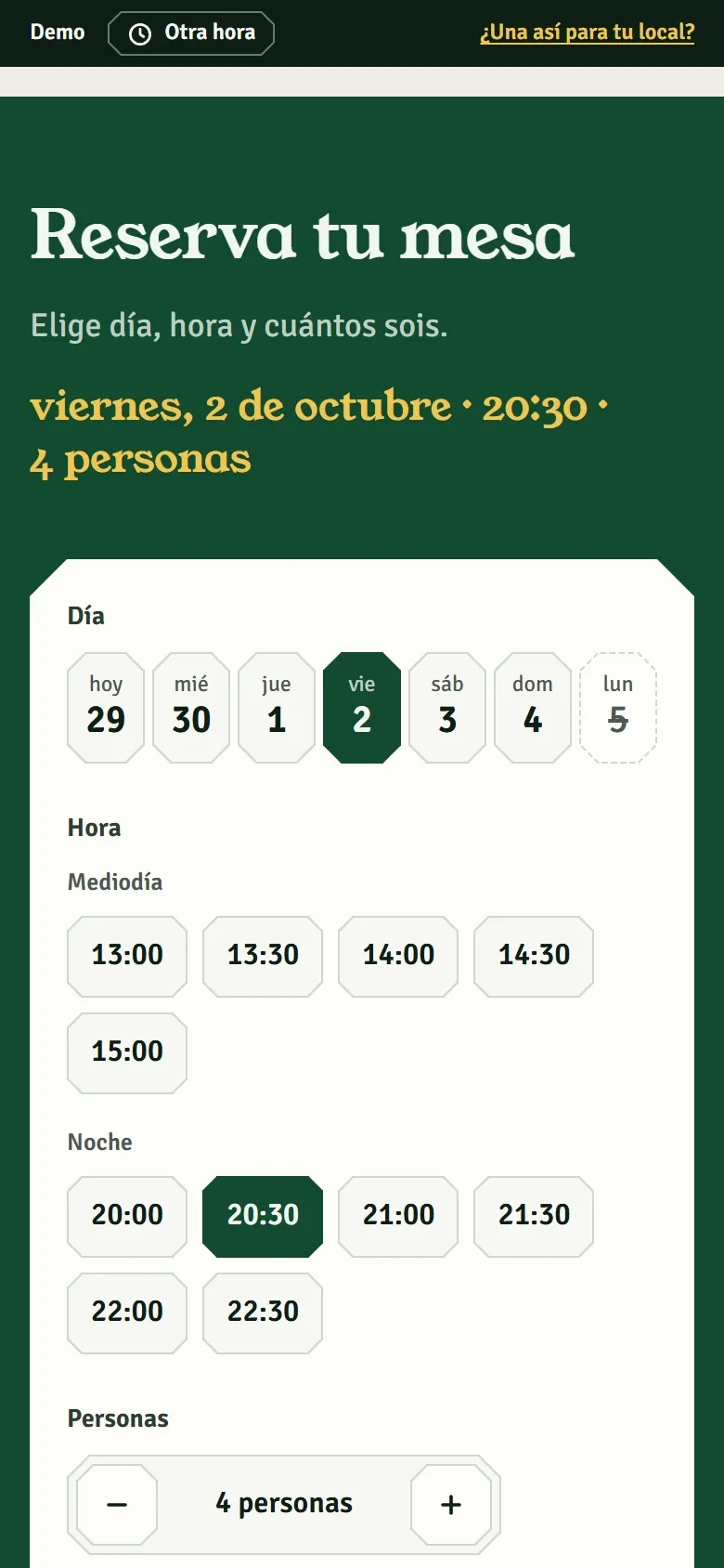 La reserva de muestra de la demo con el día, la hora y las personas elegidos