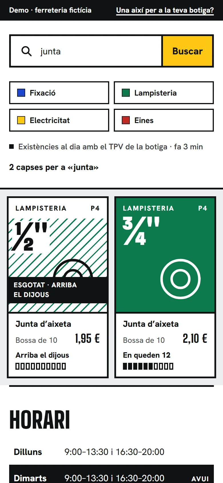 El cercador de la demo de botiga amb «junta» escrit: les dues juntes d’aixeta, la de ½″ esgotada i ratllada amb el dia que arriba, i la de ¾″ amb el que en queda