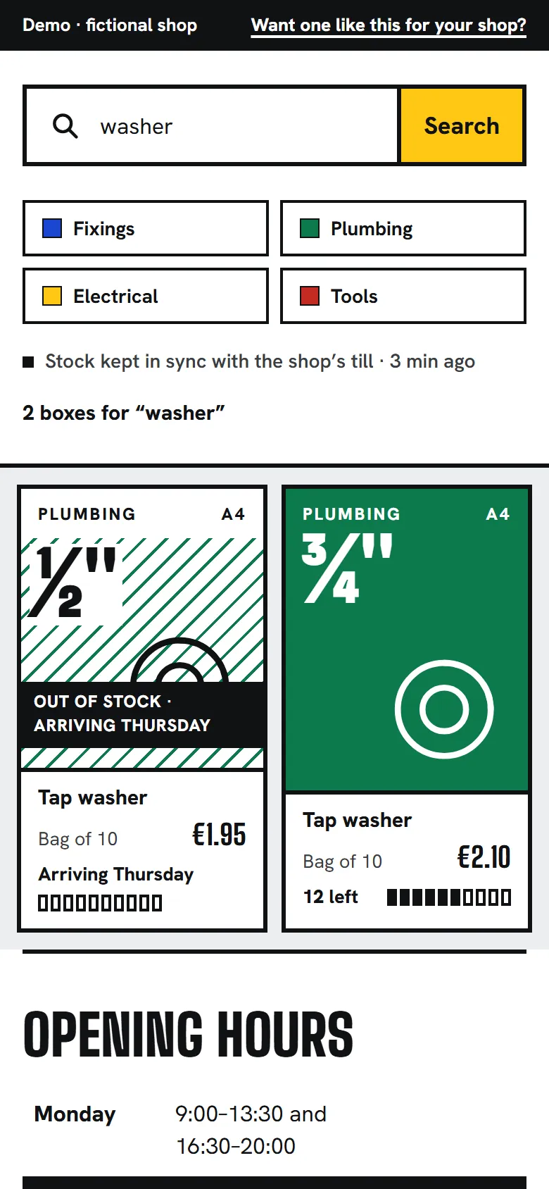 The search in the shop demo with “washer” typed in: the two tap washers, the ½″ one sold out and striped with the day it arrives, and the ¾″ one with how many are left