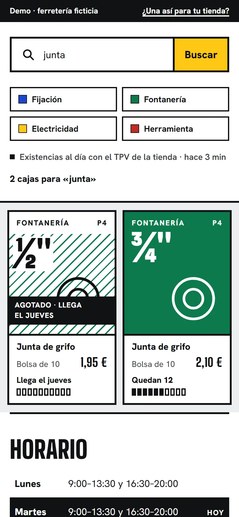 El buscador de la demo de tienda con «junta» escrito: las dos juntas de grifo, la de ½″ agotada y rayada con el día que llega, y la de ¾″ con lo que queda