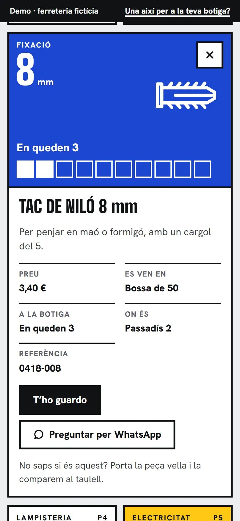 La fitxa del tac de niló de 8 mm a la demo de botiga: la capsa en gran amb el que en queda, el preu, com es ven, el passadís, «T’ho guardo» i «Preguntar per WhatsApp»