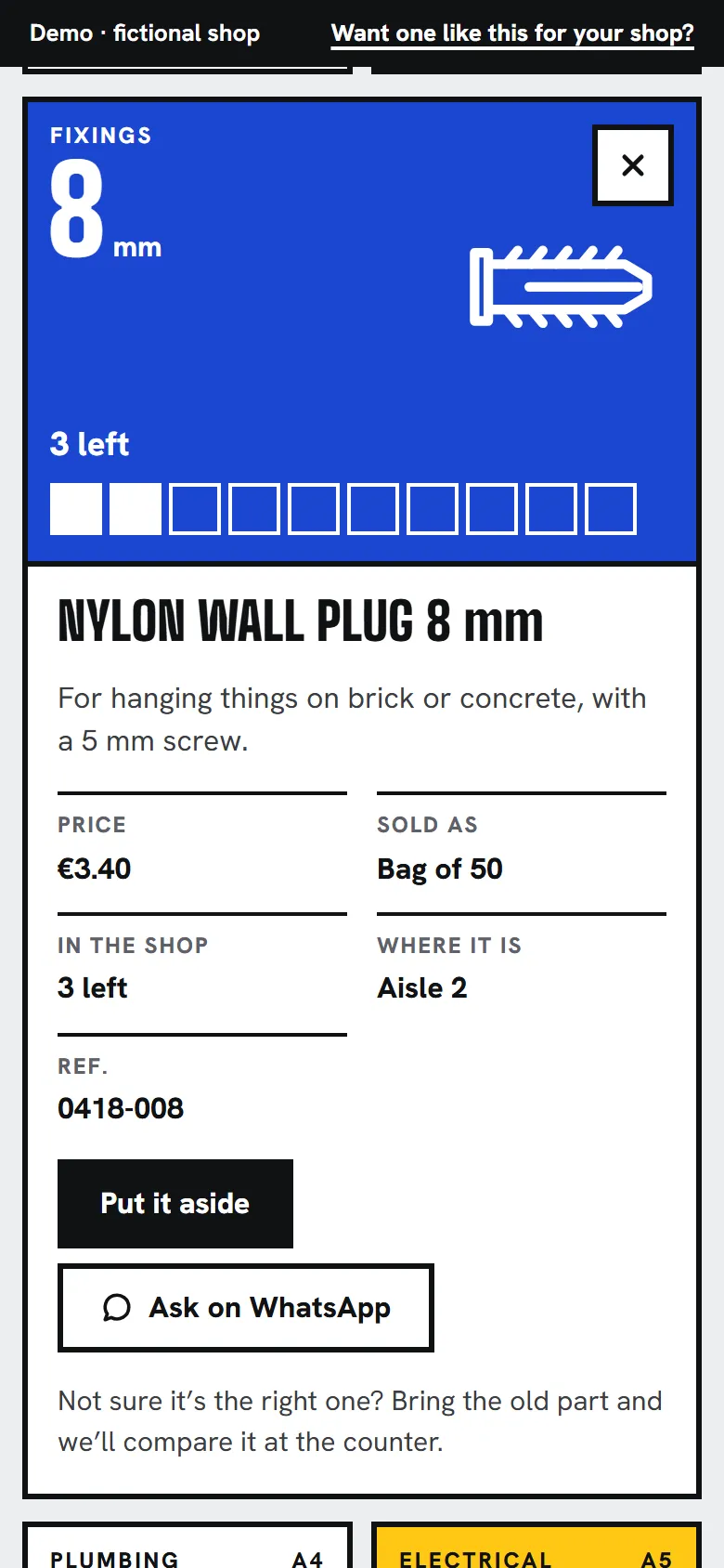 The card for the 8 mm nylon wall plug in the shop demo: the box shown large with how many are left, the price, how it’s sold, the aisle, “Put it aside” and “Ask on WhatsApp”