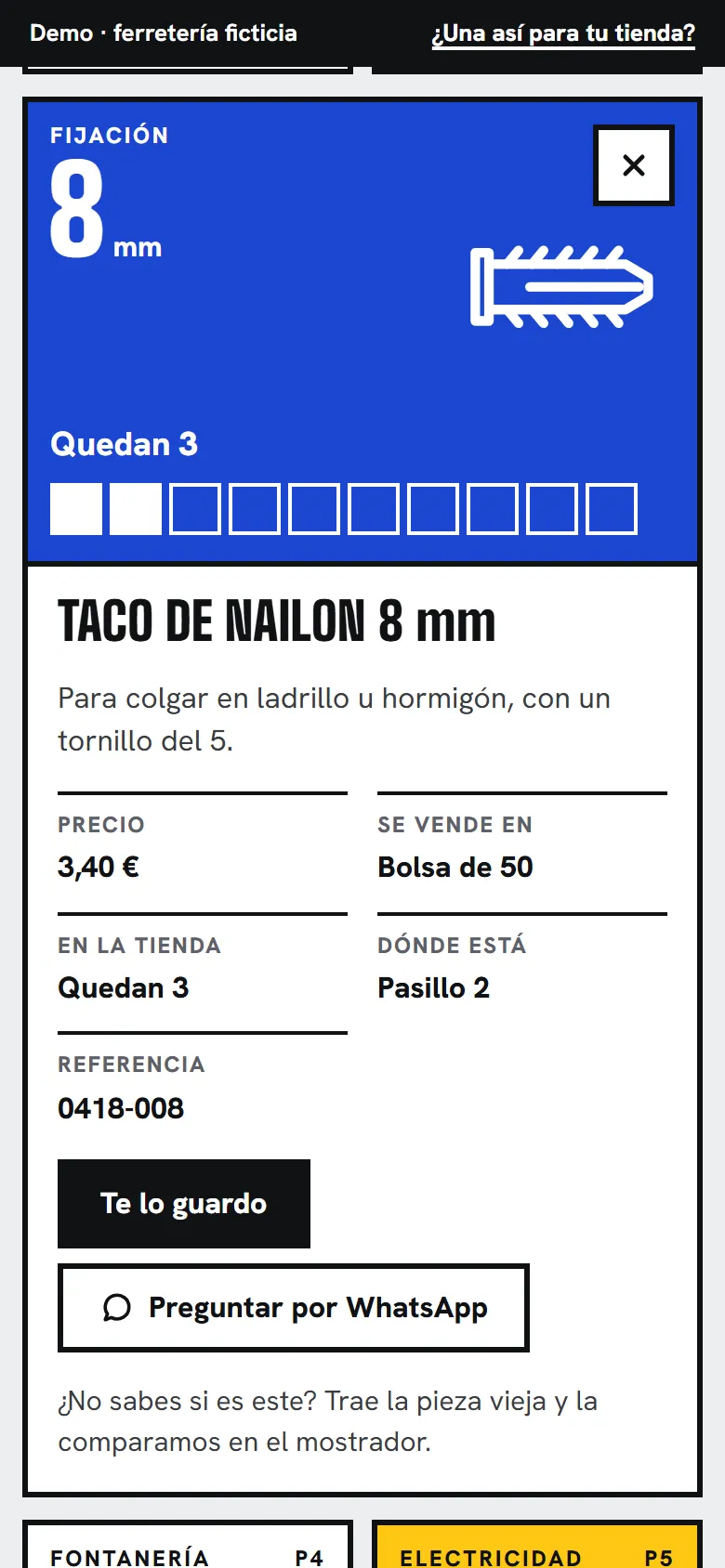 La ficha del taco de nailon de 8 mm en la demo de tienda: la caja en grande con lo que queda, el precio, cómo se vende, el pasillo, «Te lo guardo» y «Preguntar por WhatsApp»