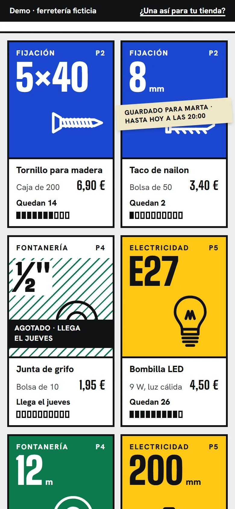 La estantería de la demo de tienda con el taco de 8 mm guardado de muestra: una cinta con «Guardado para Marta · hasta hoy a las 20:00» cruzada sobre la caja