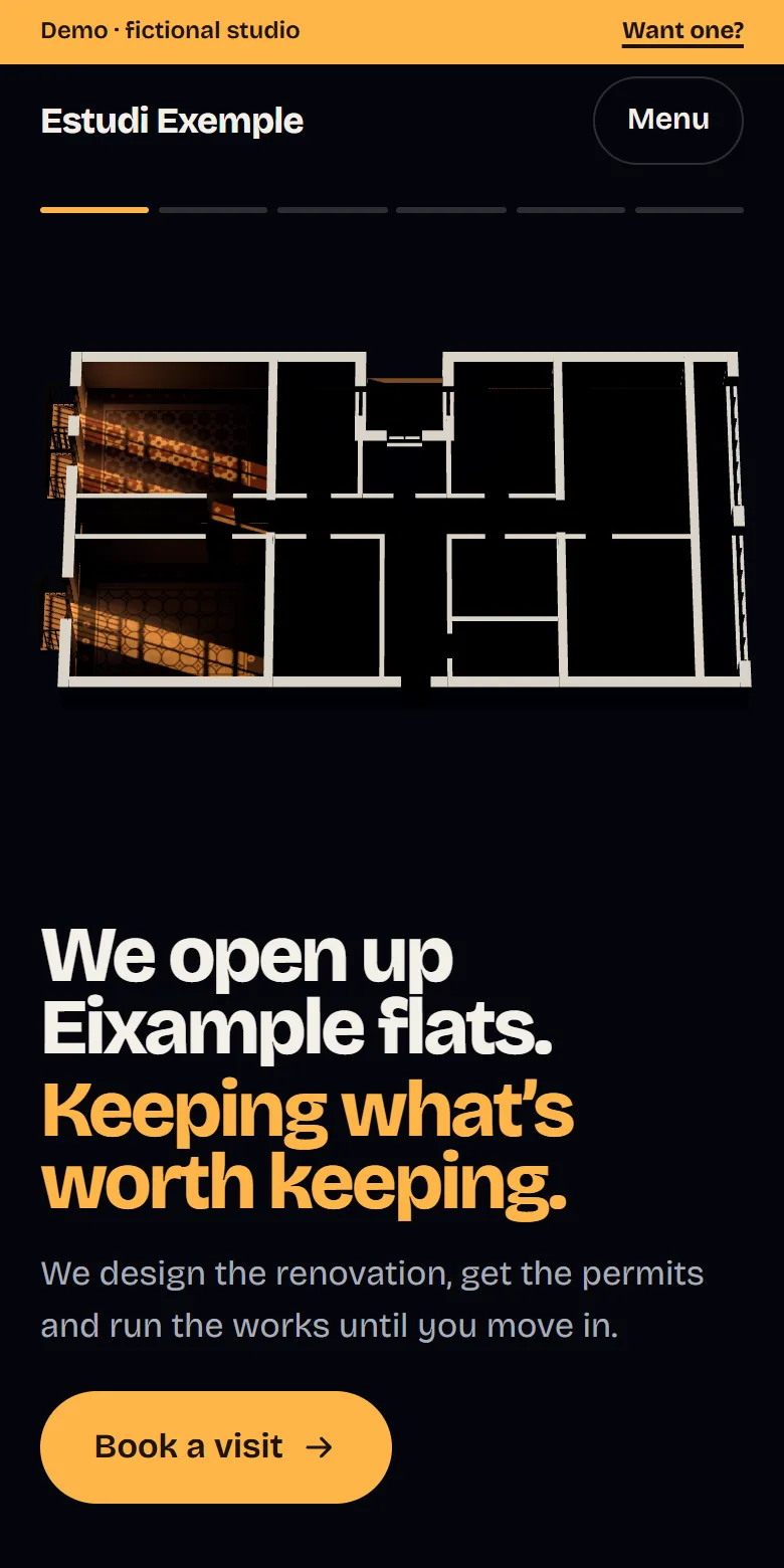 Screenshot of the demo on a phone: the notice that it’s a demo, the name Estudi Exemple, the six stages of the works, the flat seen from above at night with the street lights coming in through the balconies, “We open up Eixample flats. Keeping what’s worth keeping.” and the book a visit button.