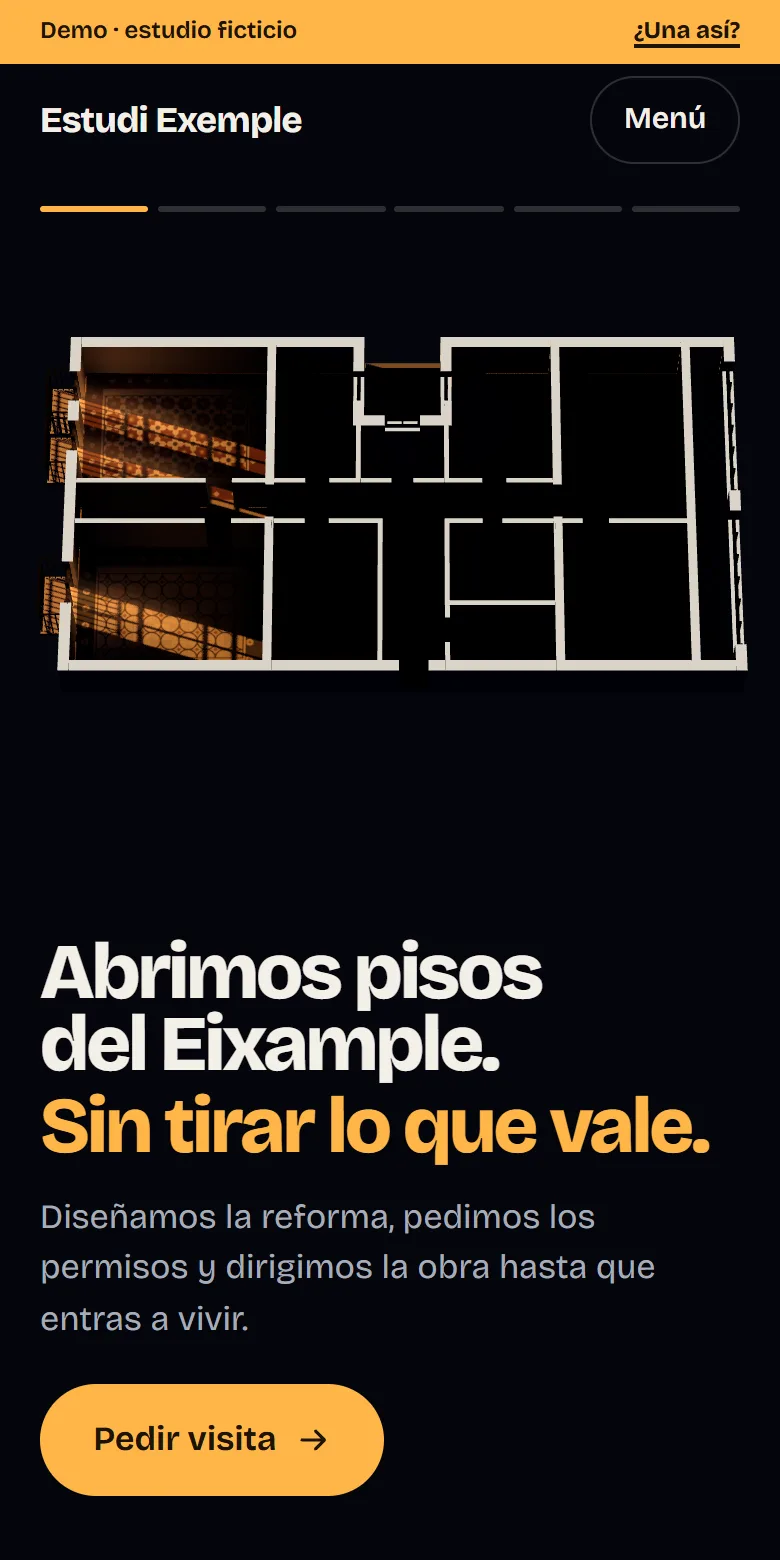 La demo del estudio en un móvil: el plano del piso, de noche, y el botón de pedir visita