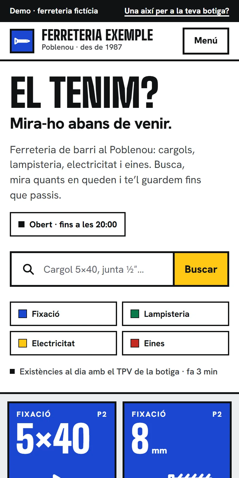 La demo de la ferreteria en un mòbil: «El tenim?», el cercador i les capses amb el que queda