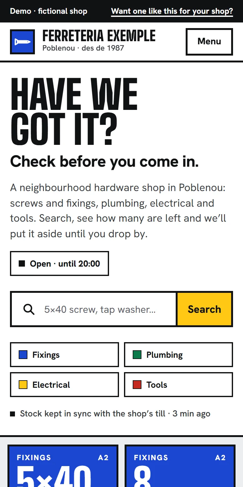 The hardware shop demo on a phone: “Have we got it?”, the search box and the boxes showing what’s left