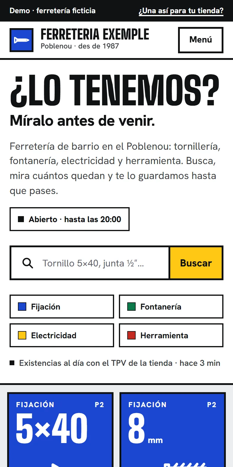 La demo de la ferretería en un móvil: «¿Lo tenemos?», el buscador y las cajas con lo que queda